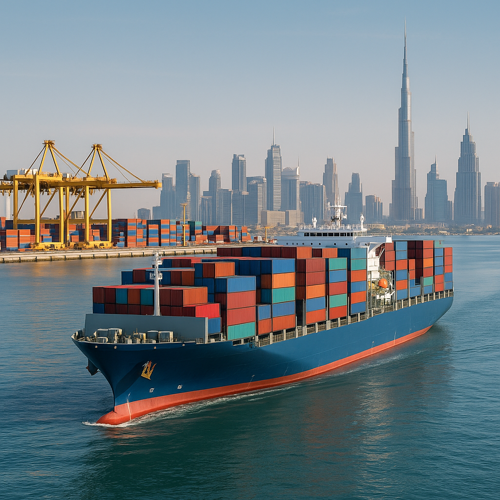 Container ship with Dubai skyline